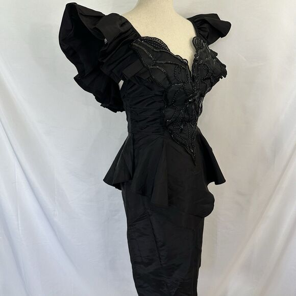 Vintage 80’s Action Jay Daniels Ruffled Peplum Bodice Beaded Dress Sz 5/6 - Picture 6 of 10